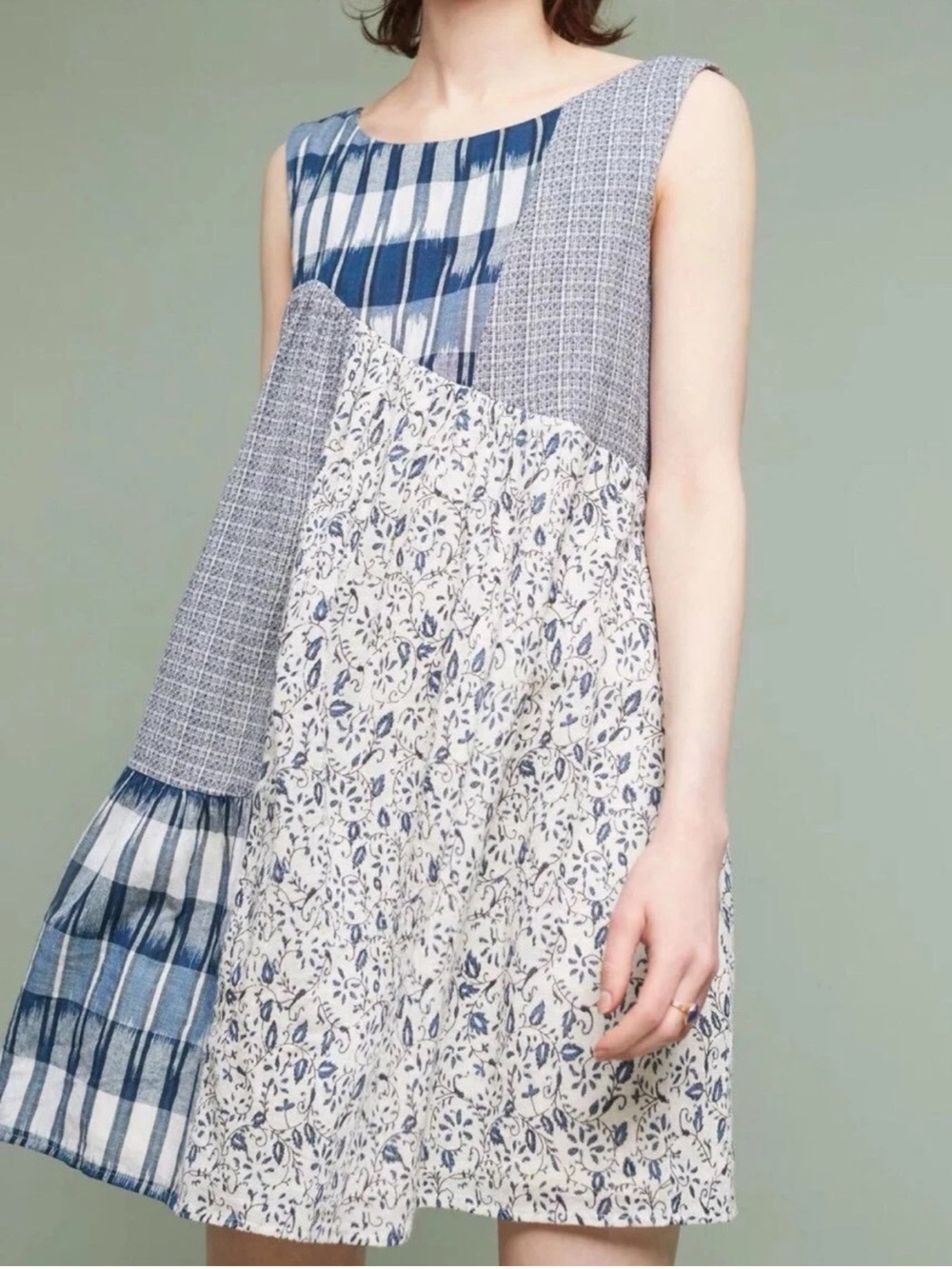 HOLDING HORSES Blue and White Patchwork Midi Dress